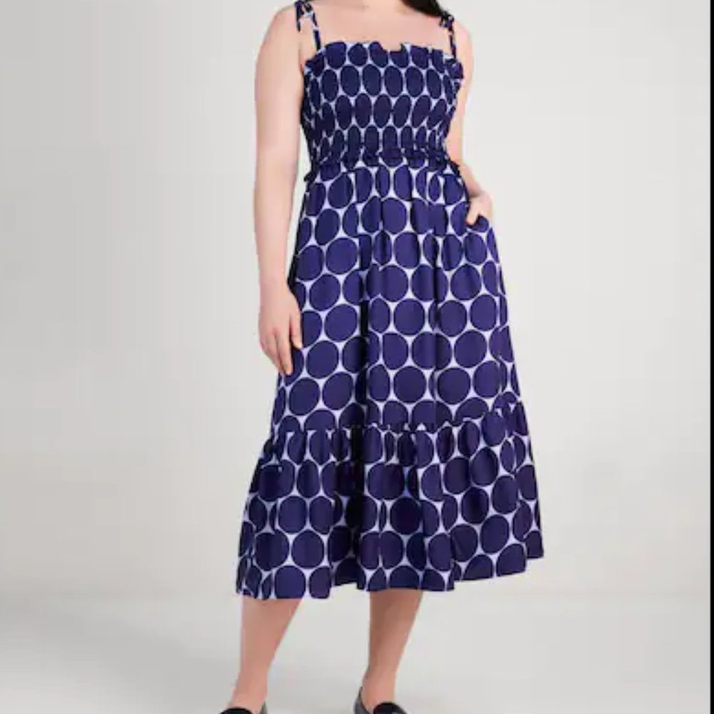 NWT Kate Spade Joy Dot Silk Twill Smocked Dress Size L